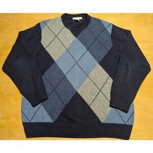 Vtg Geoffrey Beene 100% Cotton Argyle Sweater Mens XXXL Blue White Gray